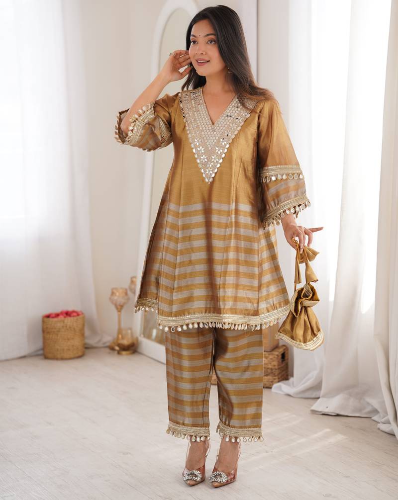 Antique gold embroidered faux georgette salwar kameez with dupatta