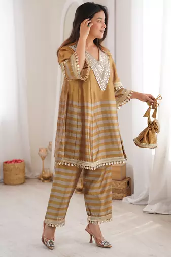 Antique gold embroidered faux georgette salwar kameez with dupatta