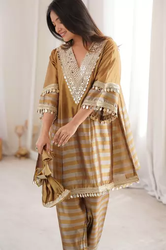 Antique gold embroidered faux georgette salwar kameez with dupatta