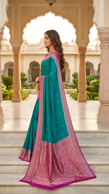 Sea green soft silk blend saree with zari weaving meenakari design 1