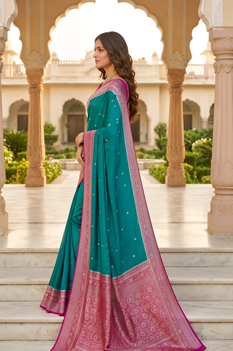 Sea green soft silk blend saree with zari weaving meenakari design