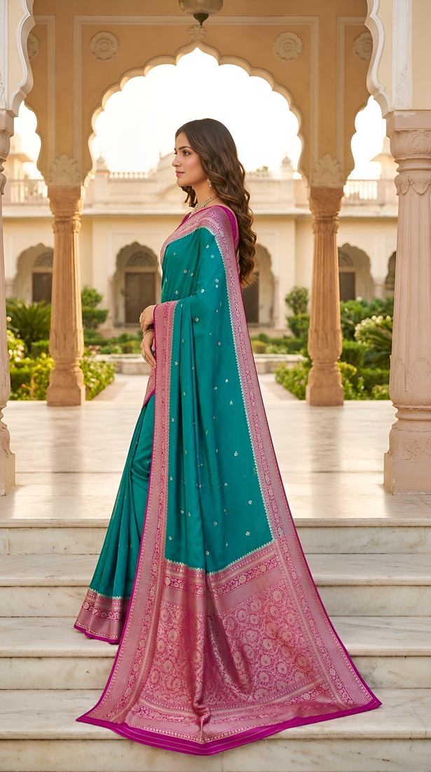 Sea green soft silk blend saree with zari weaving meenakari design