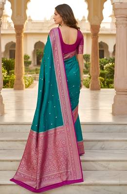 Sea green soft silk blend saree with zari weaving meenakari design 3