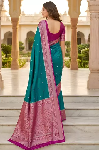Sea green soft silk blend saree with zari weaving meenakari design