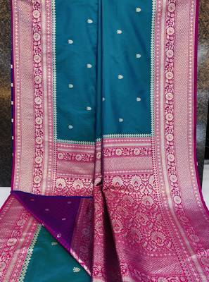Sea green soft silk blend saree with zari weaving meenakari design 4