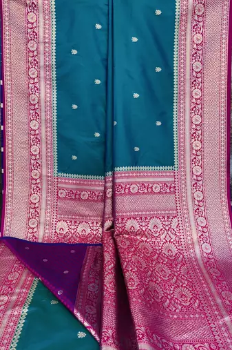 Sea green soft silk blend saree with zari weaving meenakari design