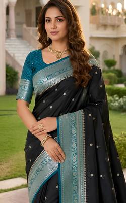 Black soft silk blend saree with zari weaving meenakari design 2