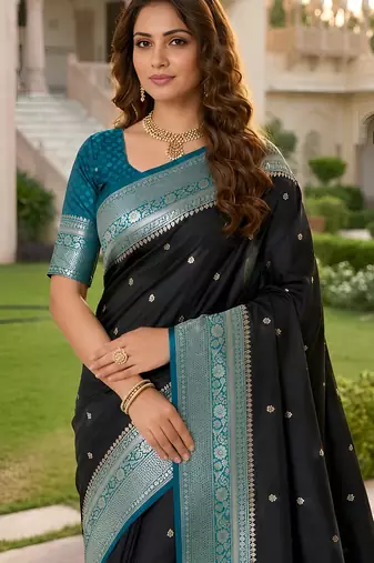 Black soft silk blend saree with zari weaving meenakari design