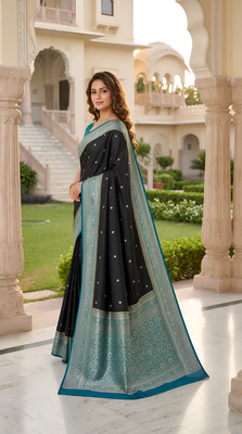 Black soft silk blend saree with zari weaving meenakari design 3