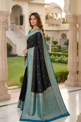 Black soft silk blend saree with zari weaving meenakari design