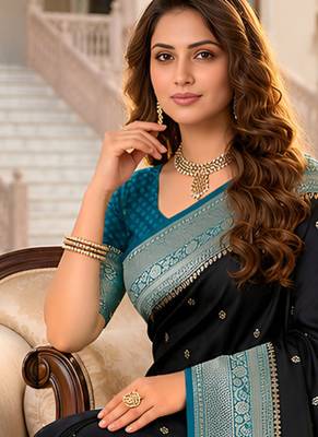 Black soft silk blend saree with zari weaving meenakari design 4