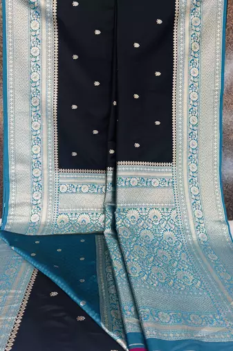 Black soft silk blend saree with zari weaving meenakari design