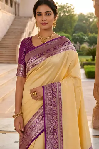Cream soft silk blend saree with zari weaving meenakari design
