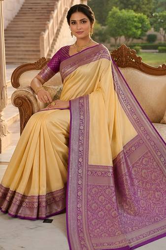 Cream soft silk blend saree with zari weaving meenakari design