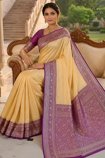 Cream soft silk blend saree with zari weaving meenakari design