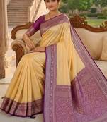 Cream soft silk blend saree with zari weaving meenakari design