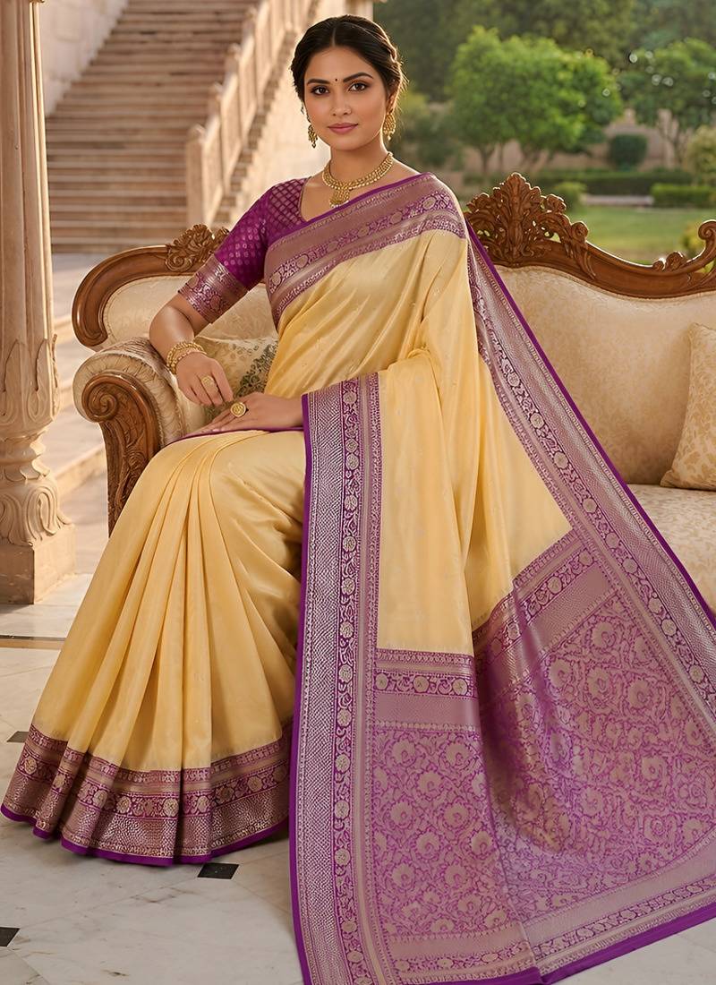 Cream soft silk blend saree with zari weaving meenakari design