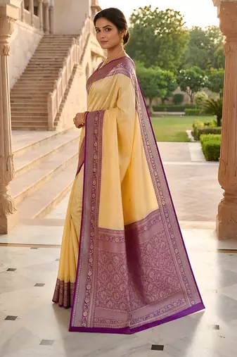 Cream soft silk blend saree with zari weaving meenakari design