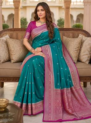 Sea green soft silk blend saree with zari weaving meenakari design 5