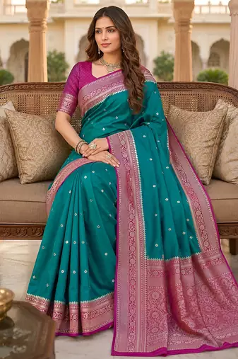 Sea green soft silk blend saree with zari weaving meenakari design
