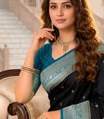 Black soft silk blend saree with zari weaving meenakari design