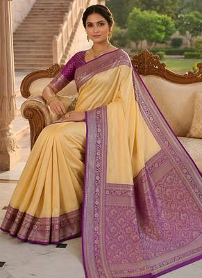 Cream soft silk blend saree with zari weaving meenakari design 4