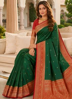 Green soft silk blend saree with zari weaving meenakari design 2