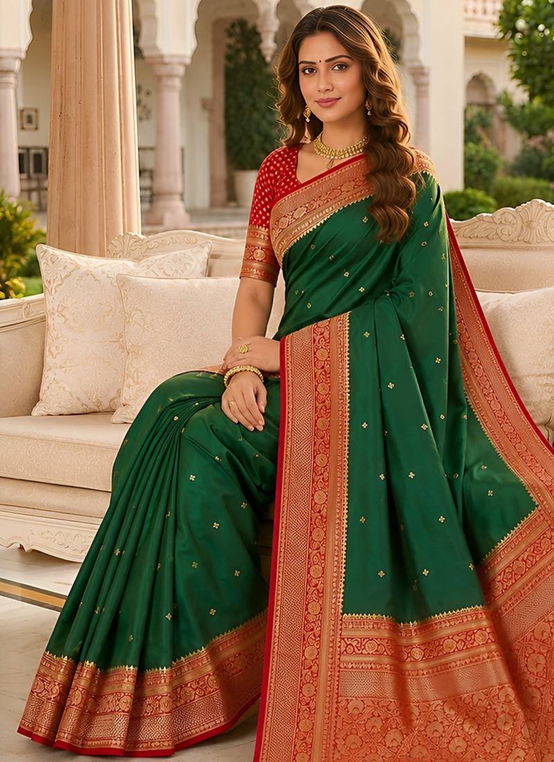 Green soft silk blend saree with zari weaving meenakari design