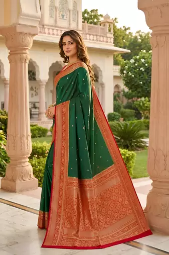 Green soft silk blend saree with zari weaving meenakari design