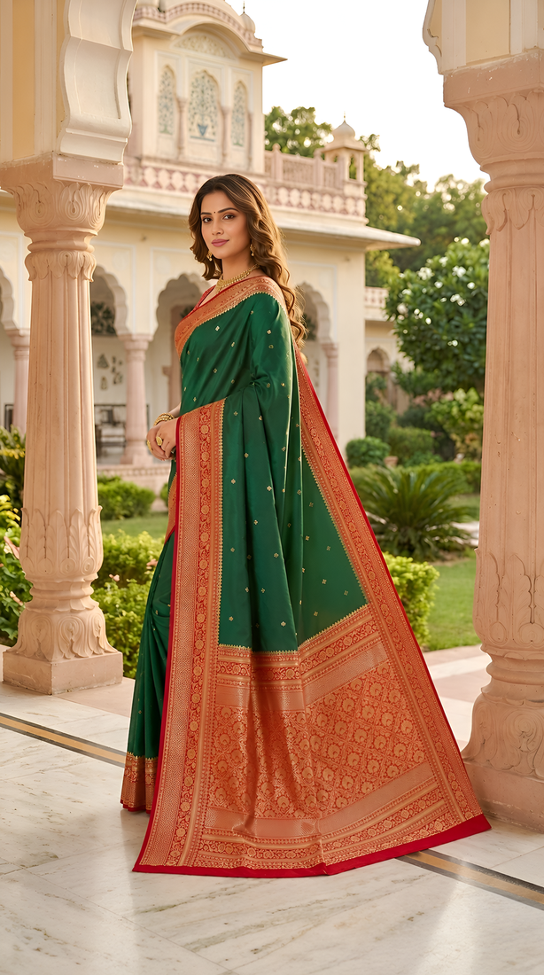 Green soft silk blend saree with zari weaving meenakari design