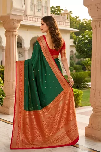 Green soft silk blend saree with zari weaving meenakari design
