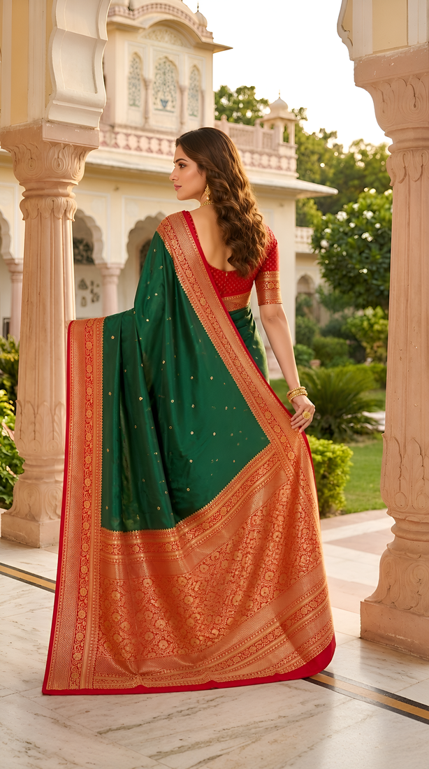 Green soft silk blend saree with zari weaving meenakari design