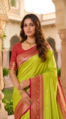Parrot green soft silk blend saree with zari weaving meenakari design 2