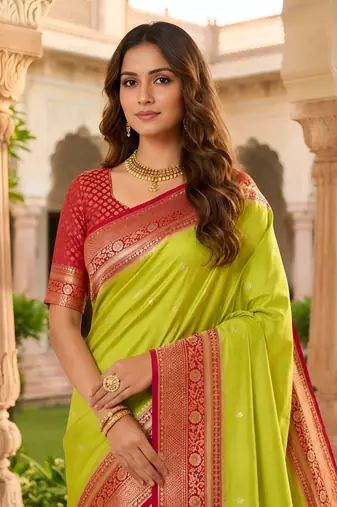 Parrot green soft silk blend saree with zari weaving meenakari design