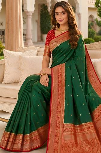 Green soft silk blend saree with zari weaving meenakari design