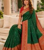 Green soft silk blend saree with zari weaving meenakari design