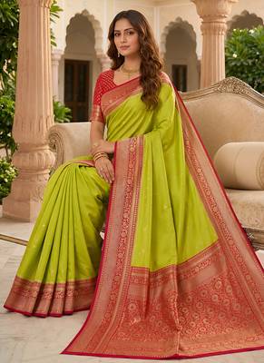 Parrot green soft silk blend saree with zari weaving meenakari design 1
