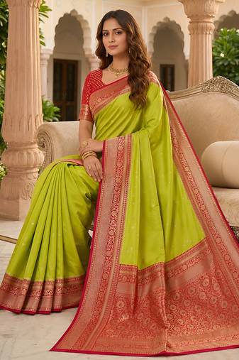 Parrot green soft silk blend saree with zari weaving meenakari design