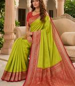 Parrot green soft silk blend saree with zari weaving meenakari design