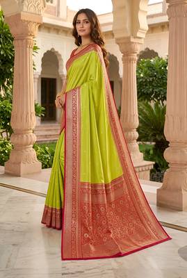 Parrot green soft silk blend saree with zari weaving meenakari design 3