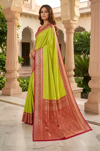 Parrot green soft silk blend saree with zari weaving meenakari design