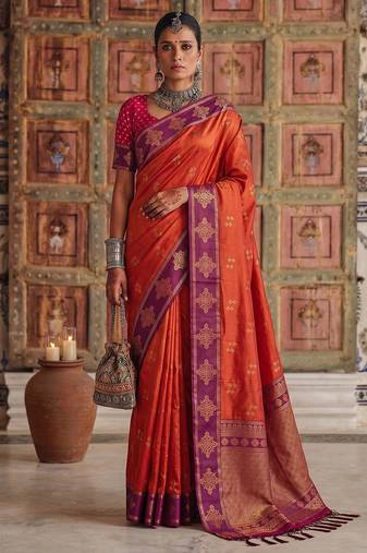 Orange premium soft silk blend traditional saree