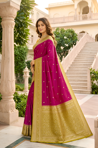 Pink soft silk blend saree with zari weaving meenakari design