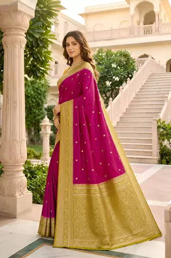 Pink soft silk blend saree with zari weaving meenakari design