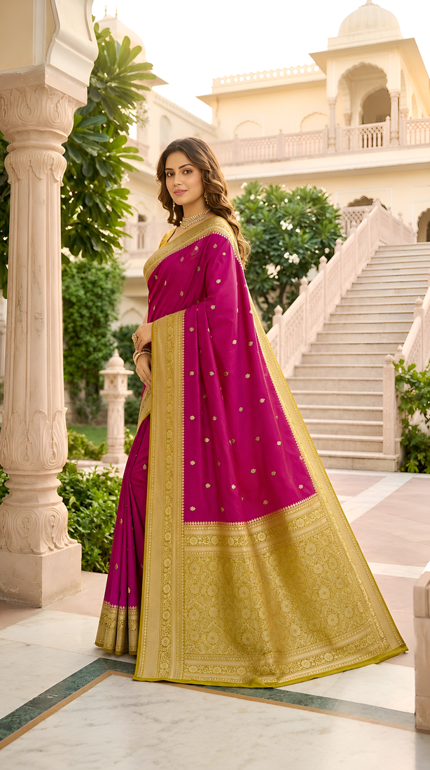 Pink soft silk blend saree with zari weaving meenakari design