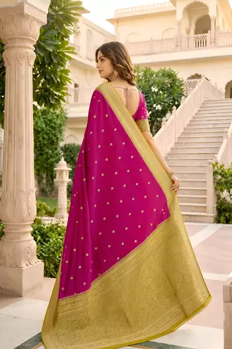 Pink soft silk blend saree with zari weaving meenakari design