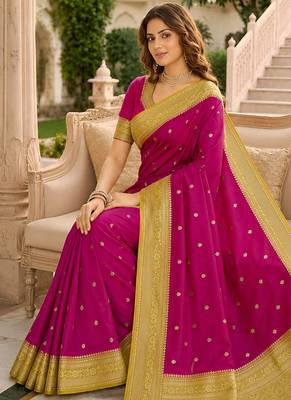 Pink soft silk blend saree with zari weaving meenakari design 4