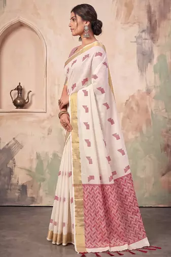 White premium linen traditional saree