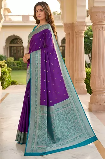 Purple soft silk blend saree with zari weaving meenakari design