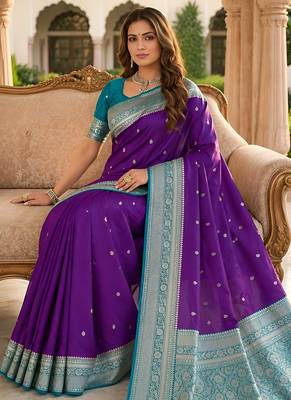 Purple soft silk blend saree with zari weaving meenakari design 4